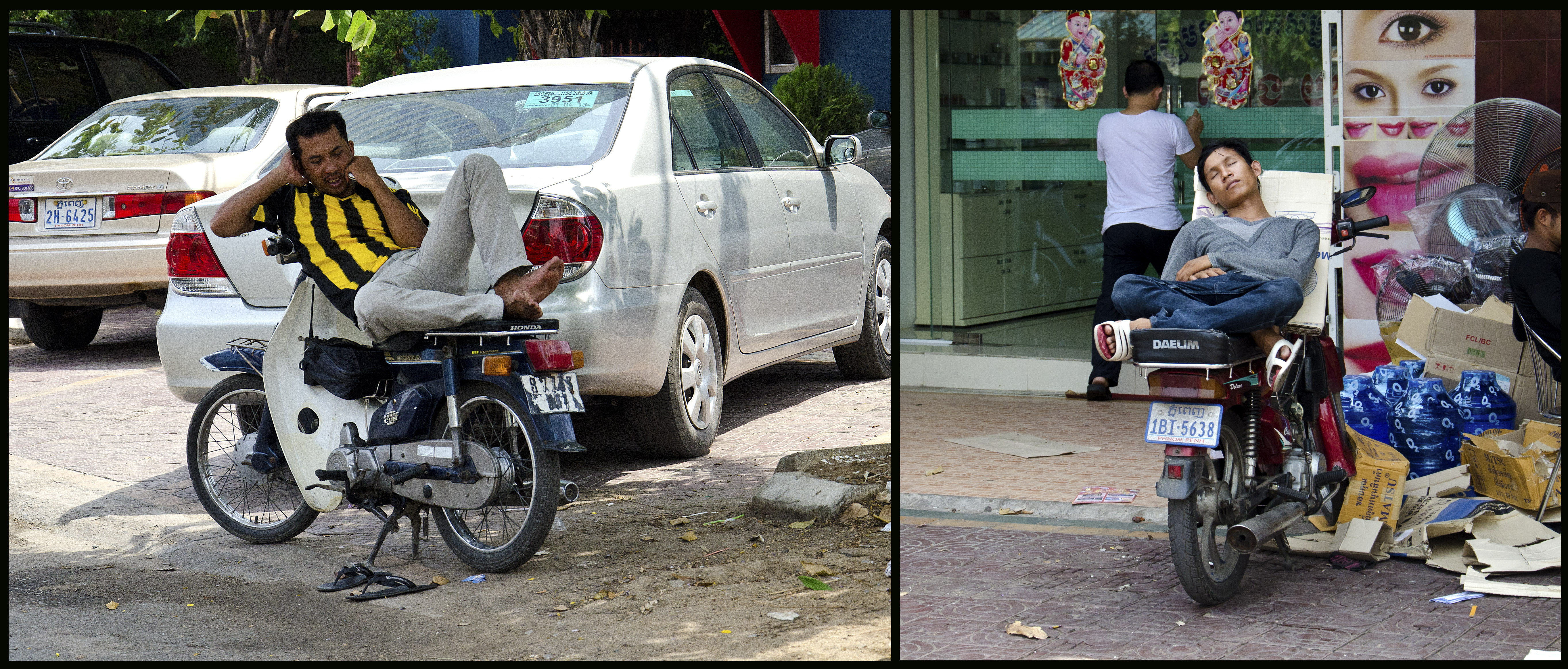 sleeping on a moto in Phnom Penh, Cambodia