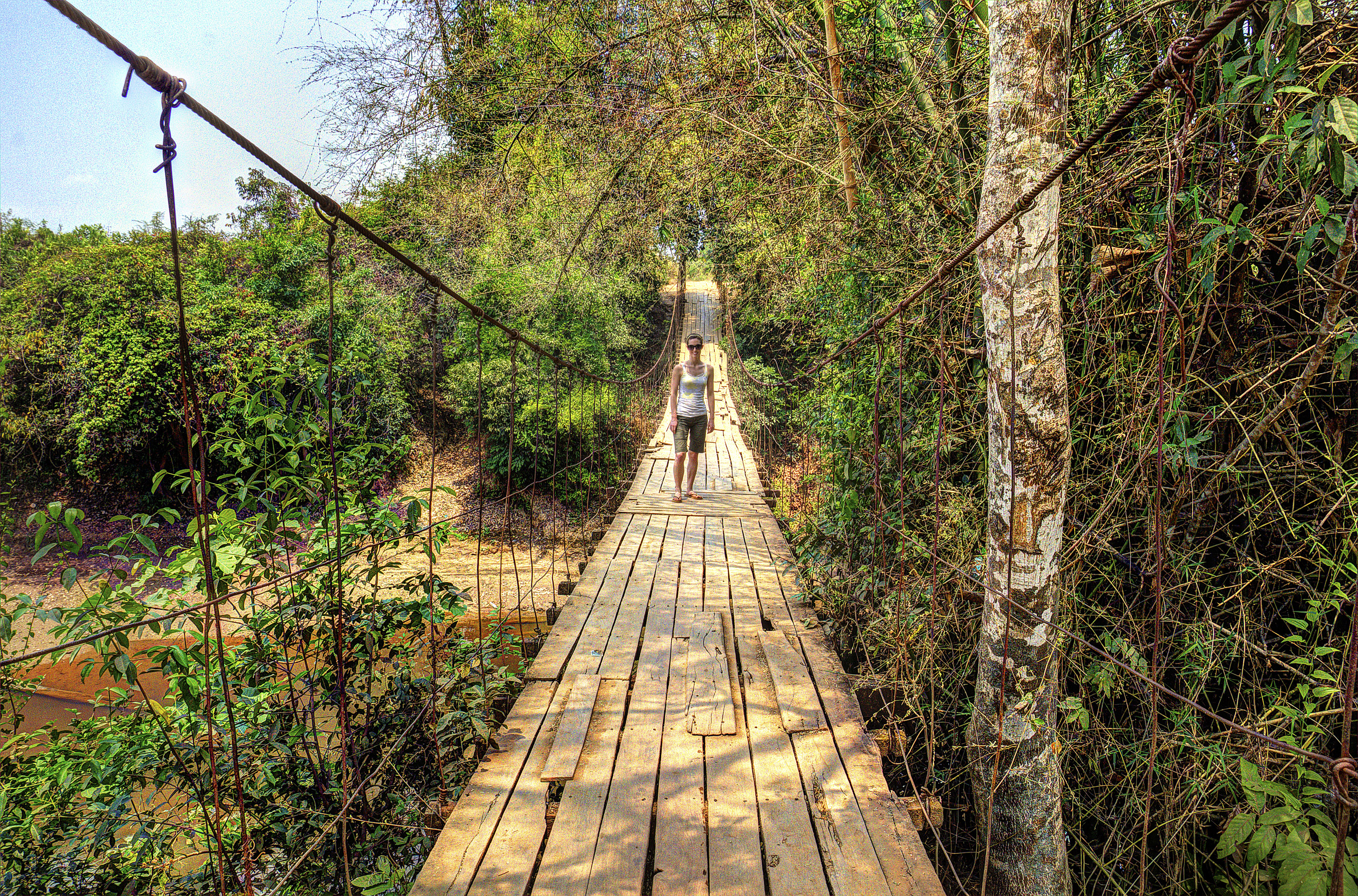 Swinging rope suspension bridge in Ratankiri, Cambodia