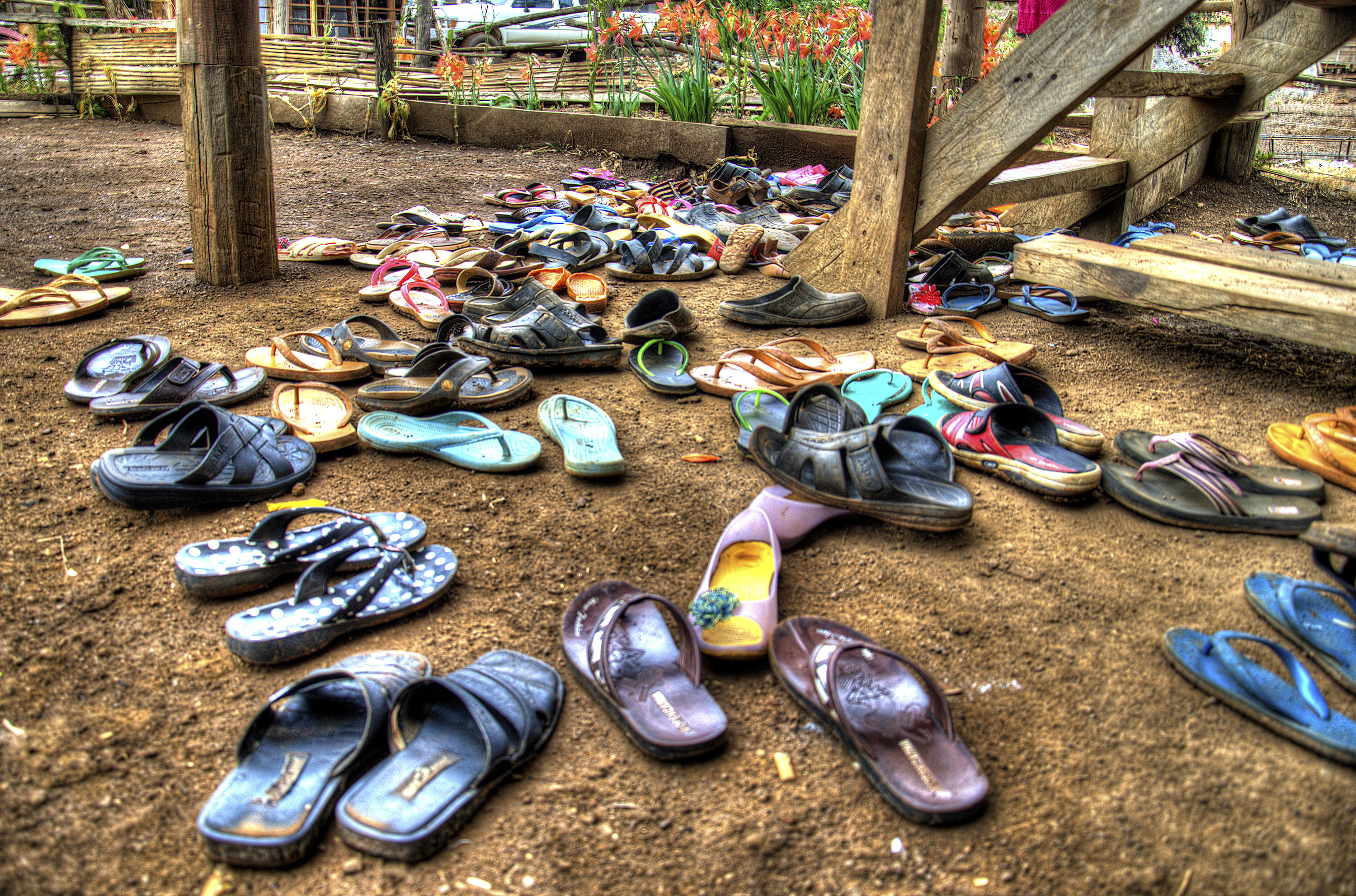 Sandals at the base of a Kreung indigenous church