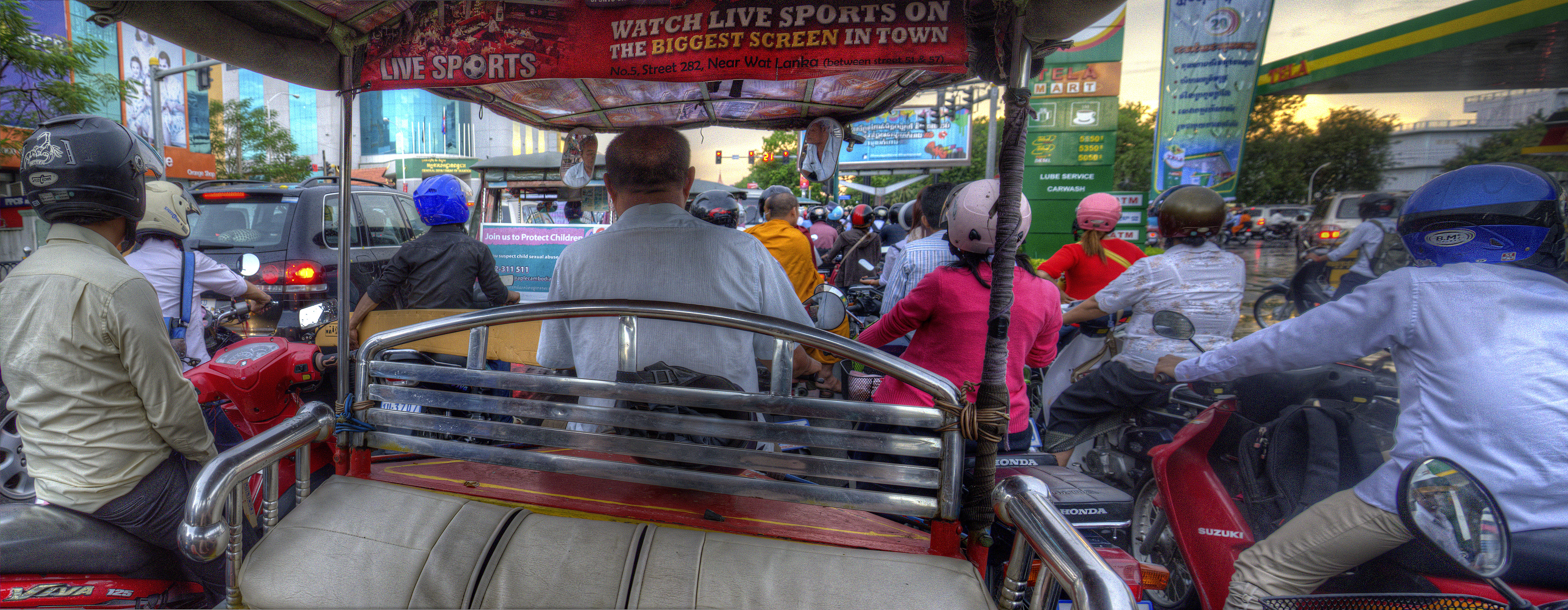 View from a Tuk Tuk at a traffic light; Phnom Penh